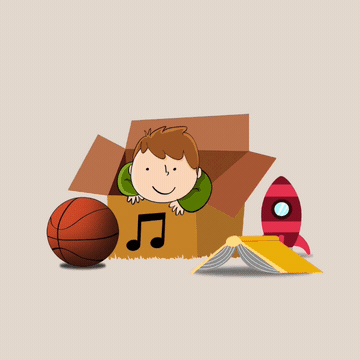 animacion de un chico dentro de una caja jugando con sus juguetes